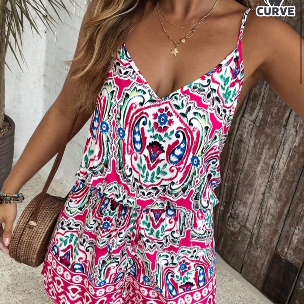 SHEIN Pink and Blue Boho Romper